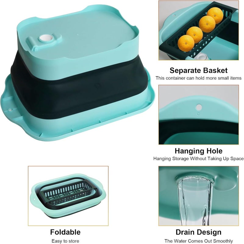 ZINSO 2.77 Gallon (10.5L) Collapsible Dish Basin with Drain Plug, Green Camping Dish Basin for RV, Space-Saving Foldable Wash Tub, BPA-Free Portable Sink for Vegetables and Dishes- with Brush - Image 3